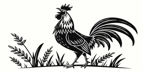 Woodcut style silhouette illustration of a rooster crowing in a field of wheat and grass at dawn with silhouette engraving agriculture countryside livestock cockerel farmyard landscape © Hemal