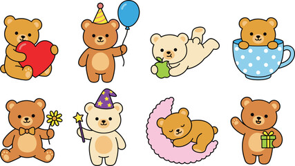 Obraz premium Cute Teddy Bear Character Vector Set with Cute Animal Illustrations for Kids Birthday Cards Stickers Scrapbooking and Nursery Decor