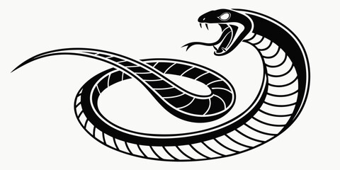 Detailed black and white vector illustration of a king cobra snake with expanded hood and open jaws in striking pose predator wildlife aggressive venomous dangerous illustration silhouette © Hemal