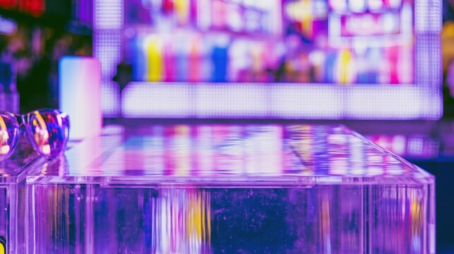 Empty glossy acrylic counter in a vibrant neon retail space with pink and cyan reflections for tech product montage and digital displays
