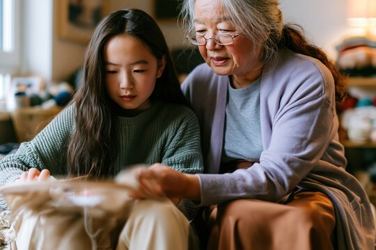East Asian grandmother and granddaughter embroidery session creates a warm, tender scene of handmade gifting for family bonding and craft storytelling
