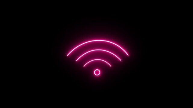 Wi-Fi signal icon, waves emanate from the source, effect of glowing neon tubes on a dark background.