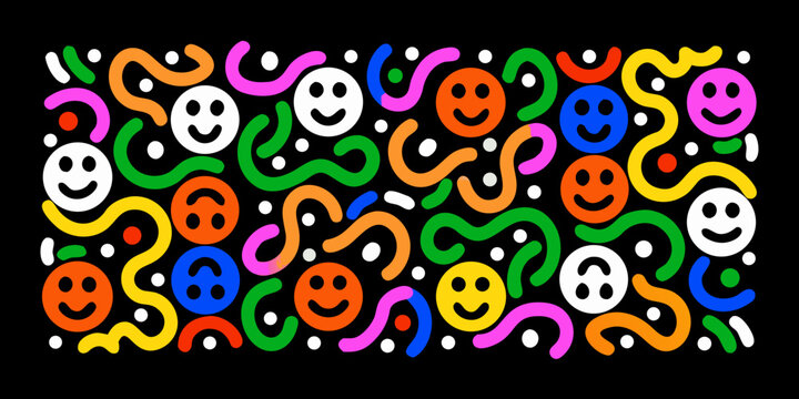 Colorful smiley faces pattern on a black background