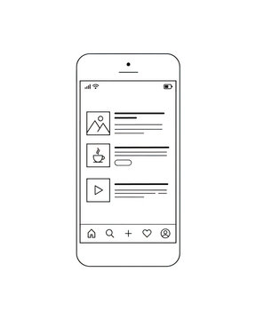 A white line outline of a smartphone screen showing a social media feed interface with on a solid black background isolated