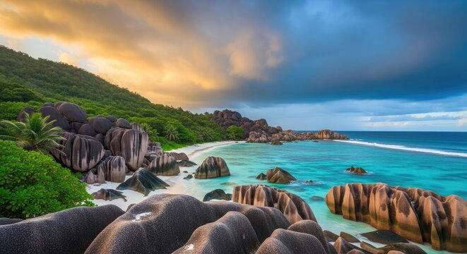 Summer tropical paradise breathtaking granite boulders on la digue island seychelles beach at sunset