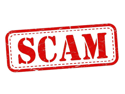 Red scam warning stamp on white paper background