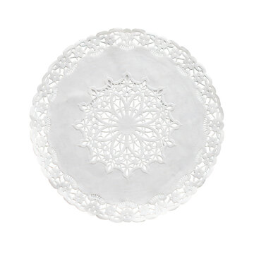 A white paper doily featuring a complex, symmetrical mandala-like lace pattern with scalloped edges, isolated on a clean white background