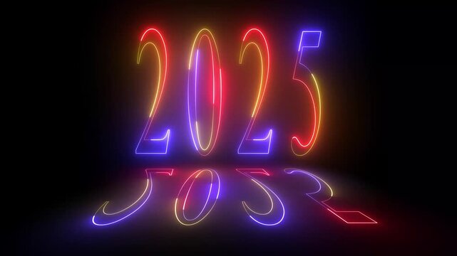 2025 - Two thousand twenty-five. Glowing neon icon on brick wall background