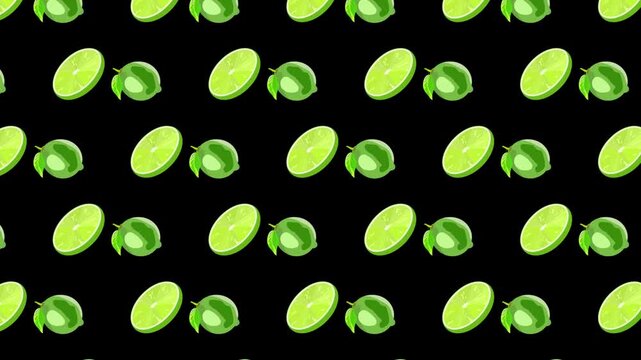 Lime seamless pattern, green fruit slice stop motion animation on black background
