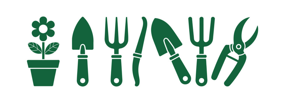 Flat garden equipment vector set with flower pot, trowel, hand fork, and pruning scissors icons for planting, gardening, and outdoor projects.