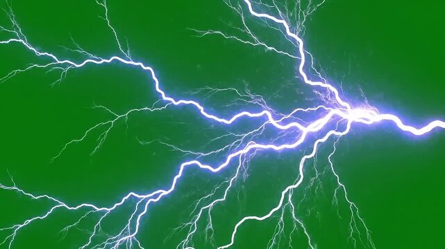 Vibrant electric energy arcs across a striking green background with powerful lightning bolts.