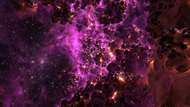 Cosmic Nebula Glow A vibrant nebula unfolds in the vast expanse of space with swirling clouds of purple and orange gas illuminated by distant stars creating a breathtaking celestial spectacle