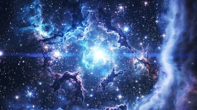 Cosmic Nebula in Deep Space A vibrant celestial nebula pulses with brilliant blue and purple light surrounded by a myriad of twinkling stars in the vast expanse of the universe
