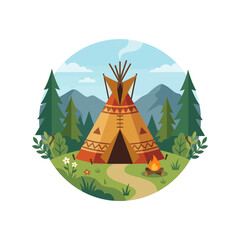 Native American Teepee Camp in Forest with Mountains and Campfire © NAYA ALIFIYA