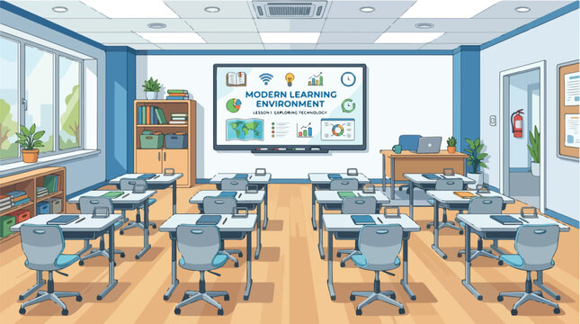 Modern empty classroom with digital interactive whiteboard and student desks.