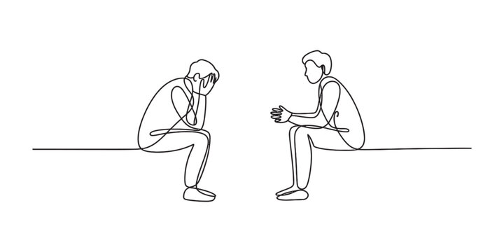 One line drawing of two men sitting together one sad person with head in hands and the other man listening during a difficult conversation or therapy Vector, illustration