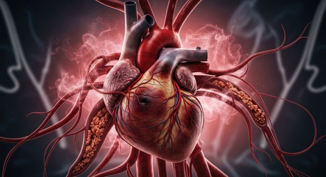 Visualizing heart health, disease prevention, and cardiovascular treatment challenges, illustrating arterial blockage and circulatory system support for vital organ wellness