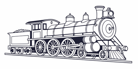 Vintage steam locomotive on railroad tracks black and white illustration steam engine smoke stack public transport locomotive railroad transportation historical industry illustration © Lap