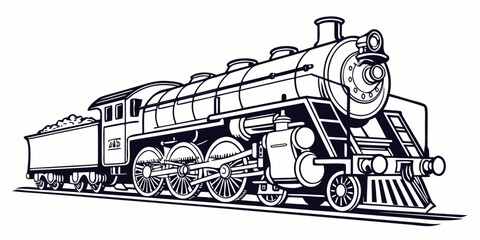 Vintage steam locomotive train with coal tender illustration line art connecting rod steam engine locomotive railroad transport illustration industrial machinery passenger horsepower © Lap