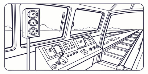 Train driver's cabin interior with controls and view of tracks line art locomotive interior engineer dashboard machinery equipment transport railroad illustration engineering technology © Lap