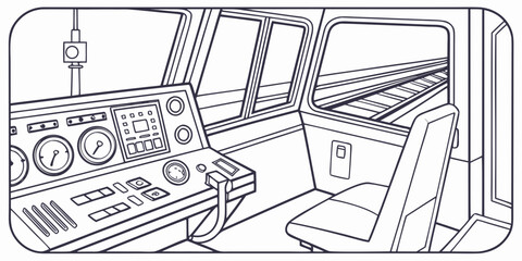 Illustration of a train driver's cabin with control panel and view of tracks line art interior design dashboard illustration transportation technology interior speedometer locomotive © Lap