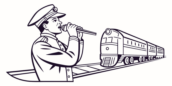 Train conductor with megaphone announcing on platform with passing train public address old fashioned conductor announcer platform megaphone announcement communication information terminal