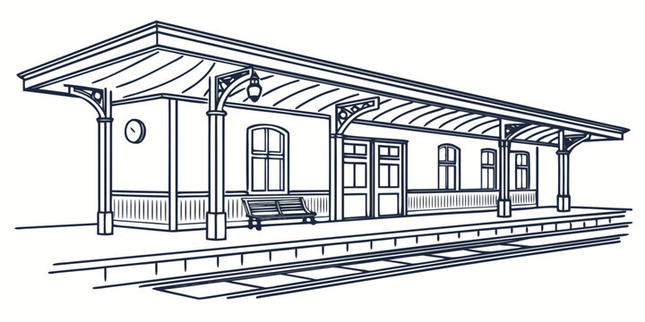 Historic train station building with clock and bench black and white illustration railway station public transport line art historical building architecture platform transportation heritage