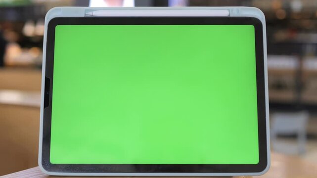 Tablet with green screen, placed on table. Background shows blurred cafe interior. Perfect for digital content, ads, or app demos. Neutral setting allows easy overlay of custom visuals