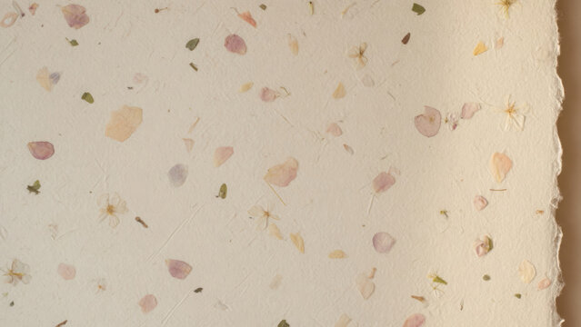 Handmade paper sheet with embedded dried flower petals and rough deckled edge generated using ai