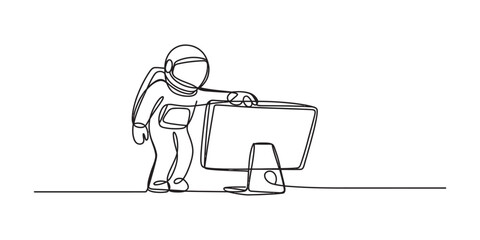 Continuous single line drawing of an astronaut standing and looking at a computer screen monitor in a minimalist artistic style Vector, illustration © Single Outline 