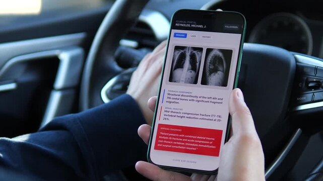 Viewing a Clinical Portal with a patients imaging and official diagnosis. The screen displays rib fractures and a compression fracture with urgent care instructions. Perfect for telemedicine, trauma