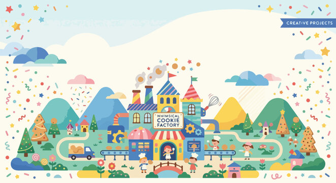 A colorful vector illustration shows a whimsical cookie factory nestled in a vibrant landscape filled with joyful workers and sweet treats.
