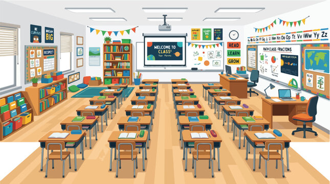 Empty Classroom With Rows Of Wooden Student Desks And Chairs.