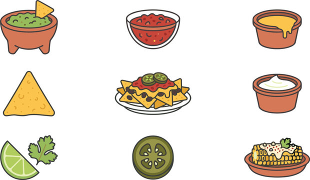 Mexican snacks and dips icon set with nacho chips guacamole salsa and cheese sauce vector