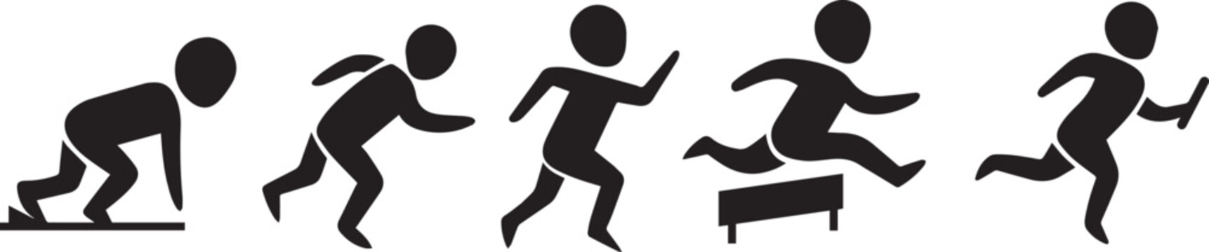 Running track and field pictogram stick figures set showing starting blocks jogging hurdles and relay baton isolated on white background