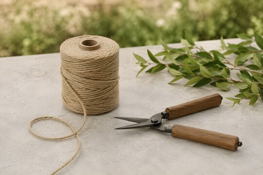 Garden twine spool with pruning scissors in summer light