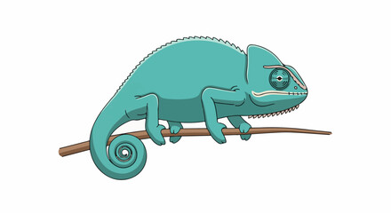 Naklejka premium A teal-colored chameleon perches on a brown branch