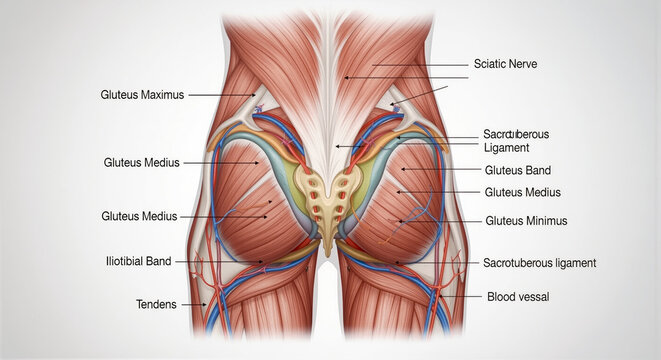 Human buttocks anatomy with labeled muscles and nerves educational medical diagram for healthcare professionals and students buttock muscles and nerves