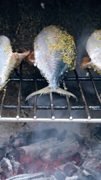 Vertical close-up video of cooking mackerel fish on a grill barbecue