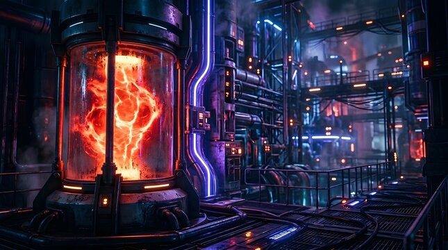 Futuristic science laboratory with glowing energy core in containment vessel