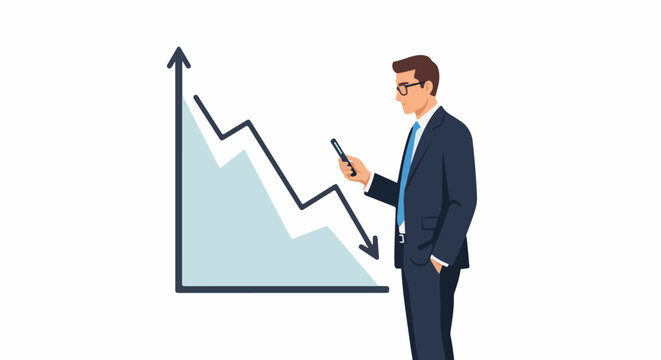 A suited man looks at his phone next to a downward trend graph