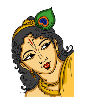 Traditional Lord Krishna Portrait Vector Illustration, Indian Hindu Spiritual Artwork