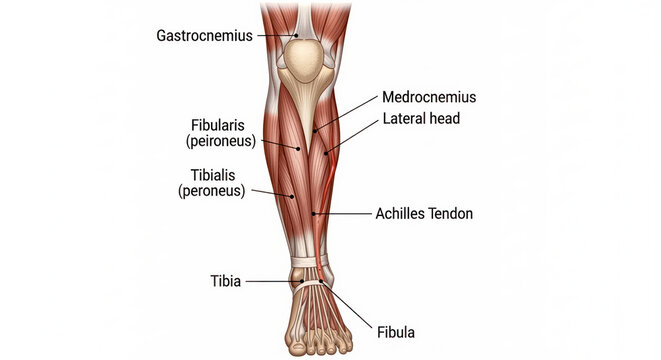 Anatomy of human leg muscles and bones labeled diagram showing lower limb structure gastrocnemius soleus and achilles tendon.