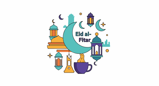 Colorful Eid al-Fitar graphic with crescent moon, lanterns, mosque, and cup