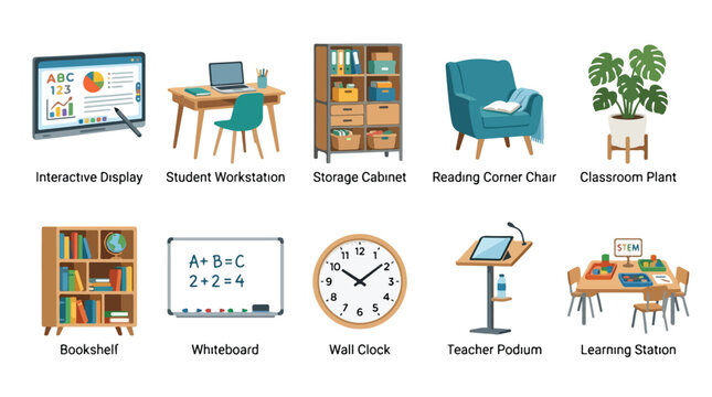 Set of ten colorful illustrated classroom furniture and equipment items for school design.