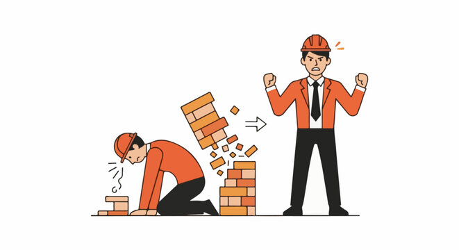 A worker kneels beside a crumbling brick wall while another worker stands angrily