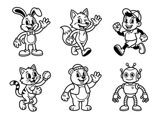 Obraz premium Vintage Rubber Hose Style Cartoon Character Set - Retro Line Art Mascots