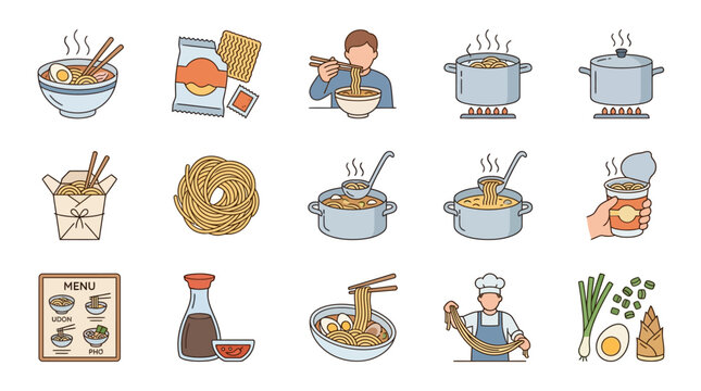 Cooking noodles with various preparation steps shown