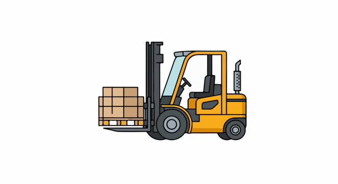 A yellow forklift with black wheels and a stack of cardboard boxes on its pallet
