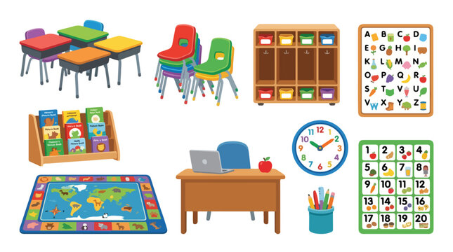 Set of colorful classroom furniture and educational supplies.